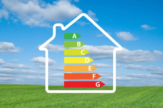 house and energy efficiency graph on hand. blue sky and meadow in background.