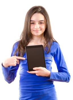 Happy teen girl with digital tablet  on white background.