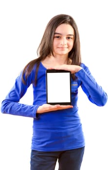 Happy teen girl with digital tablet  on white background.
