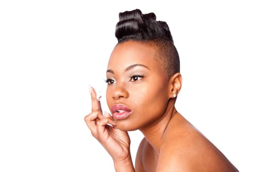 Face of beautiful woman applying facial moisturizer exfoliating anti wrinkle aging cream under eyes, skincare concept, isolated.