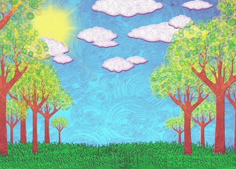sunny landscape with trees and clouds