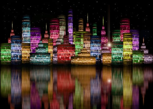 colored futuristic city night skyline