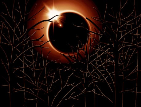 solar eclipse ond forest illustration
