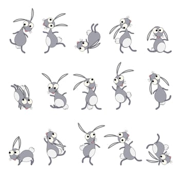 Dancing rabbits cartoon style drawing set