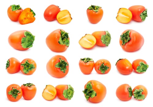 Collection of  fresh Persimmon or kaki diospyros ebony fruits on white background