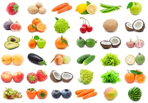 Collection of various fruits and vegetables isolated on white background