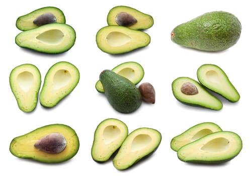 Collection of  fresh green avocado isolated on white background