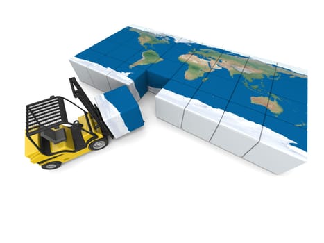 Concept of global transportation, modern yellow forklift carrying piece of global map, isolated on white background. Elements of this image furnished by NASA.
