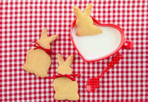 Milk and biscuits in the shape of Easter bunnies