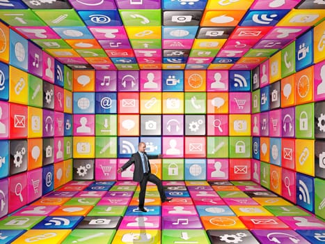 business man and 3d cubes with smart icons