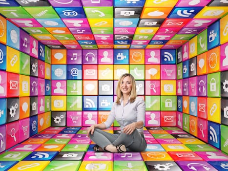 3d image of abstract cubes and icon set with smiling woman