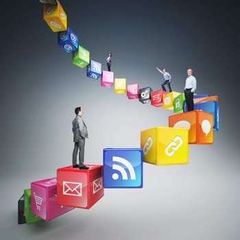 business people on abstract icons cubes