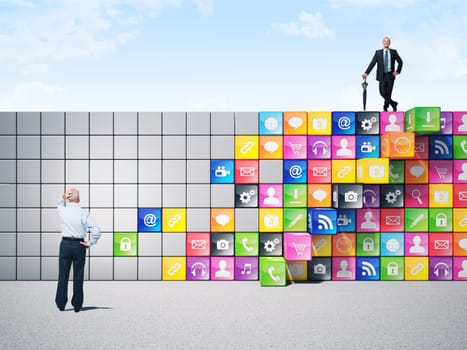 business people and smart icon wall