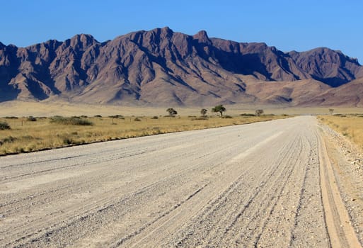 Grassy Savannah with mountains in background, Namib desert road to Sesriem, Namibia.