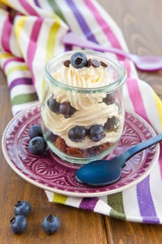 Creamy dessert in layers with fresh blueberries