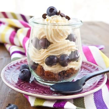 Creamy dessert in layers with fresh blueberries
