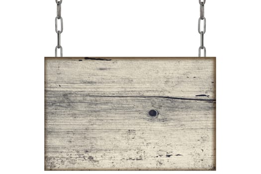 old wooden sign hangs on chain