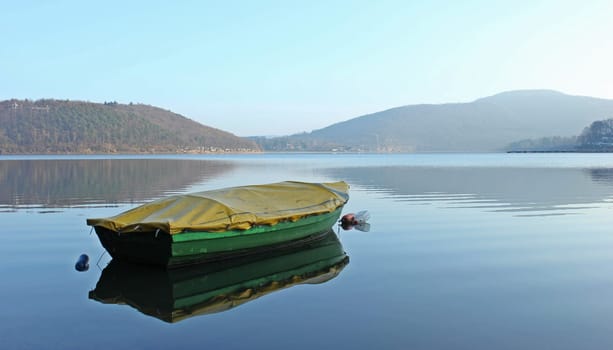 Fishing boat at the Edersee in the evening light
