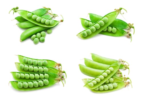 Collection of fresh green peas isolated on white background