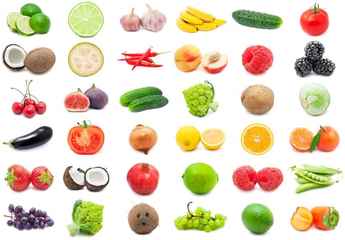Collection of various fruits and vegetables isolated on white background