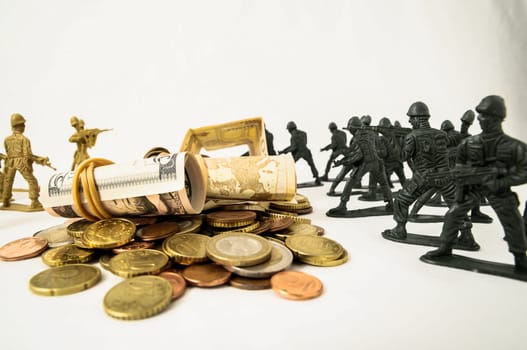 Plastic Lead Soldiers Representing War on a White Background