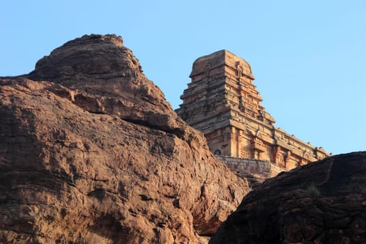 Identical shapes of rock and rock-built temple at northern hill in Badami, Karnataka, India, Asia