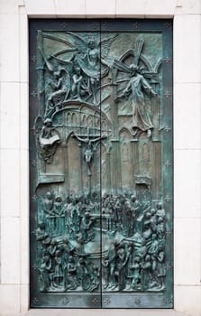 Main door of the Almudena cathedral in Madrid, Spain.