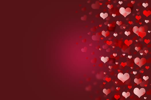 Background of red hearts. Hearts od different colors are in the right part of the image.
