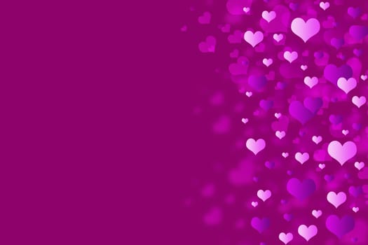 Background of pink hearts. Hearts od different colors are in the right part of the image.