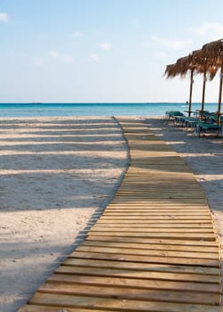 Umbrellas and sunbeds on Elafonissi beach, Crete,  Greece