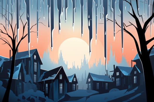 A remarkable portrayal of winter's allure, focusing on the glistening, see-through charm of icicles suspended from rooftops and tree limbs, showcasing their sparkling and crystalline elegance.