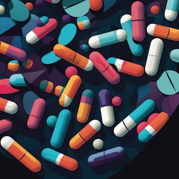 colours pill medical many round illustration medication drug capsule prescription pattern vitamin help tablet different pharmaceutical pain pharmacy medicine painkiller. Generative AI.