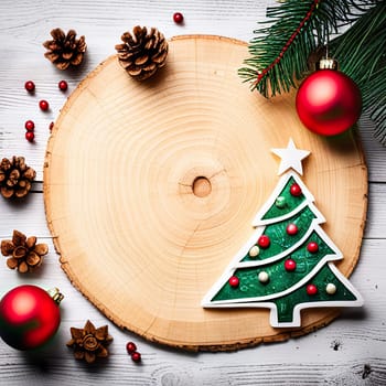 New Year and Christmas background with Christmas tree, Christmas decorations and rustic wooden boards