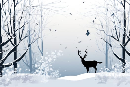 An enchanting winter tableau, showcasing the grace and resilience of wildlife, including deer, birds, and squirrels, in their natural habitats during the frosty season.