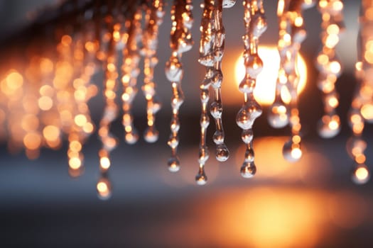 A remarkable portrayal of winter's allure, focusing on the glistening, see-through charm of icicles suspended from rooftops and tree limbs, showcasing their sparkling and crystalline elegance.