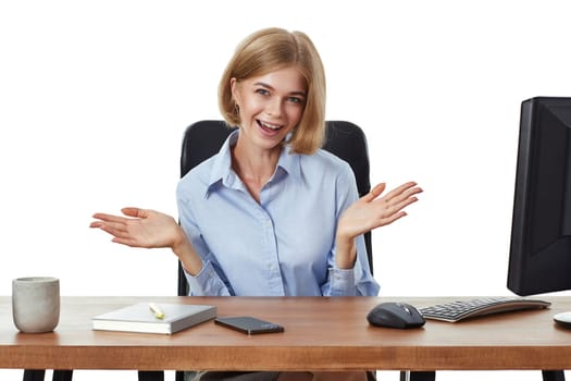 happy business woman manager spread hands sideways and smiling at office. surprised to see you