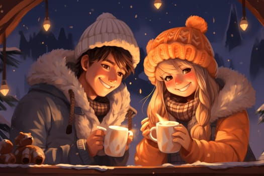 A heartwarming depiction of the winter season's charm, with individuals captured indoors, basking by a crackling fire, indulging in hot cocoa, or cocooned in soft blankets.