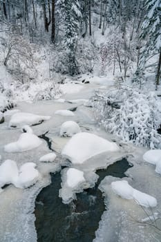 Beauty winter landscape with fair trees and river under the snow.