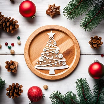 Christmas composition. Christmas gift boxes, pine cones, fir branches on wooden background. Flat lay, top view,