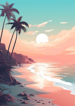 Sunset horizon palm sun illustration landscape water summer tropical travel silhouette sunrise beach island evening tree sky sea ocean nature vacation