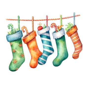 Watercolor Christmas stocking garlands. Holiday stocking garlands Clipart, Cozy Winter Clipart. AI Generated.