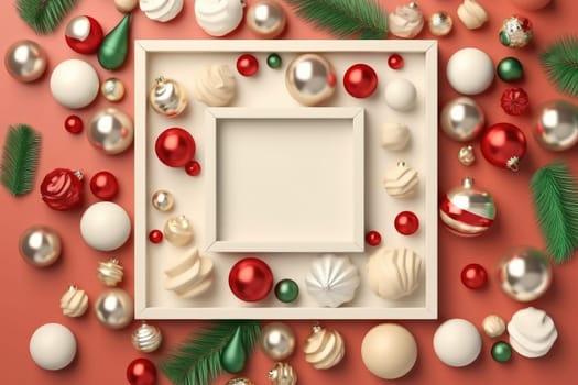 Mockup Empty Frame and Christmas baubles decoration. Generative AI.