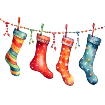 Watercolor Christmas stocking garlands. Holiday stocking garlands Clipart, Cozy Winter Clipart. AI Generated.