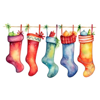 Watercolor Christmas stocking garlands. Holiday stocking garlands Clipart, Cozy Winter Clipart. AI Generated.