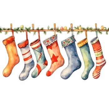 Watercolor Christmas stocking garlands. Holiday stocking garlands Clipart, Cozy Winter Clipart. AI Generated.