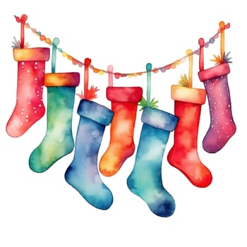 Watercolor Christmas stocking garlands. Holiday stocking garlands Clipart, Cozy Winter Clipart. AI Generated.