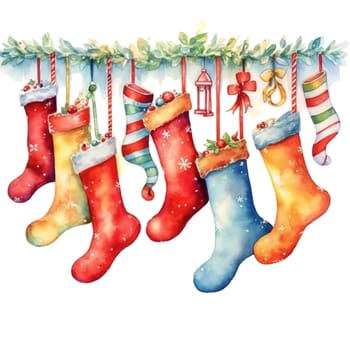 Watercolor Christmas stocking garlands. Holiday stocking garlands Clipart, Cozy Winter Clipart. AI Generated.