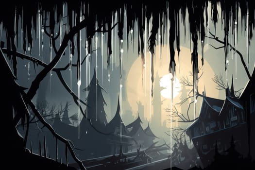 A remarkable portrayal of winter's allure, focusing on the glistening, see-through charm of icicles suspended from rooftops and tree limbs, showcasing their sparkling and crystalline elegance.