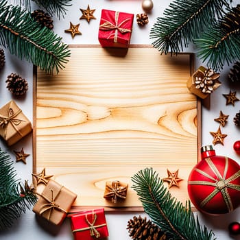 Christmas composition. Christmas gift boxes, pine cones, fir branches on wooden background. Flat lay, top view,