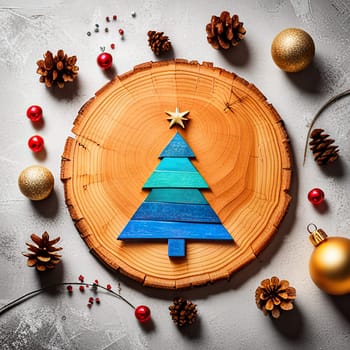 Christmas composition. Christmas gift boxes, pine cones, fir branches on wooden background. Flat lay, top view,